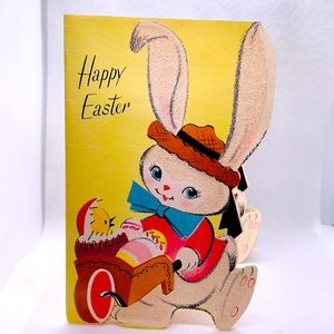 New!! Vtg 1950’s “Happy Easter” embellished/cutout bunny greeting card